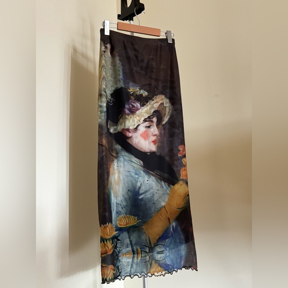 NEVER WORN Oil Painting Mesh Maxi Skirt with Lettuce Edge Trim